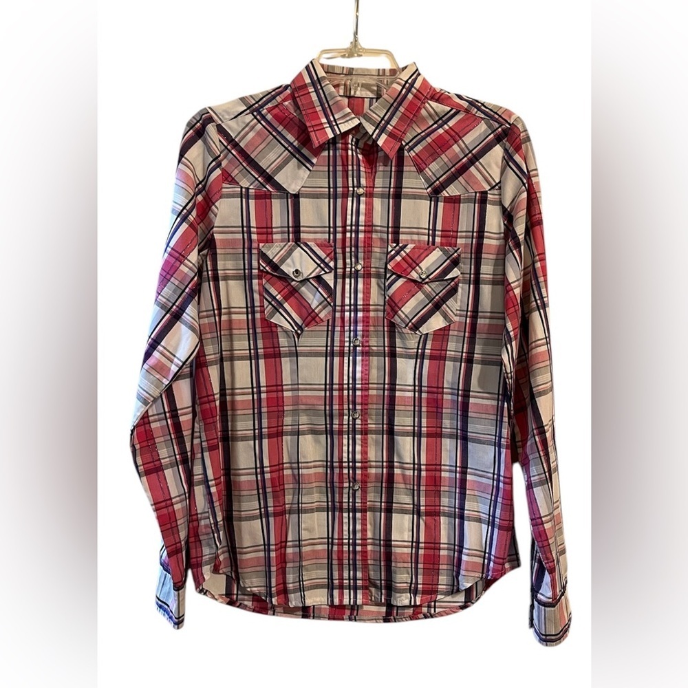 Wired Heart Western Rhinestone Snap Pink White Purple Gray Plaid Women’s Medium